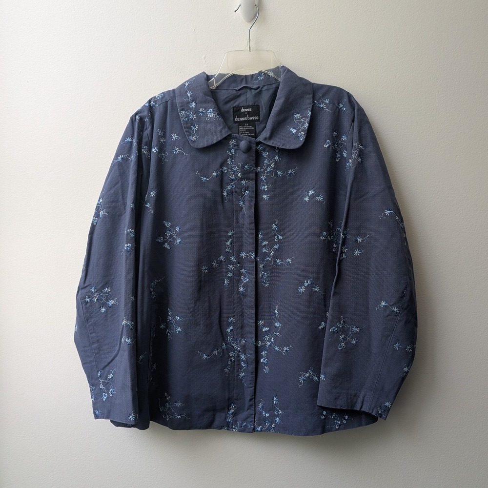 Dennis Basso Jacket Blue Floral Embroidered Cotton Button Front 2X Feminine
